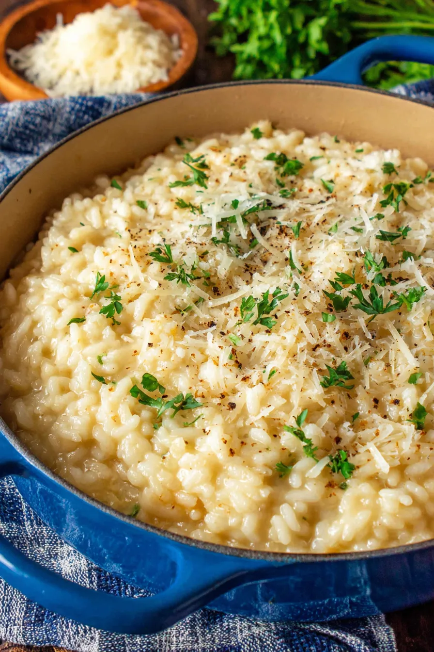 Parmesan risotto ingredients arranged on a counter