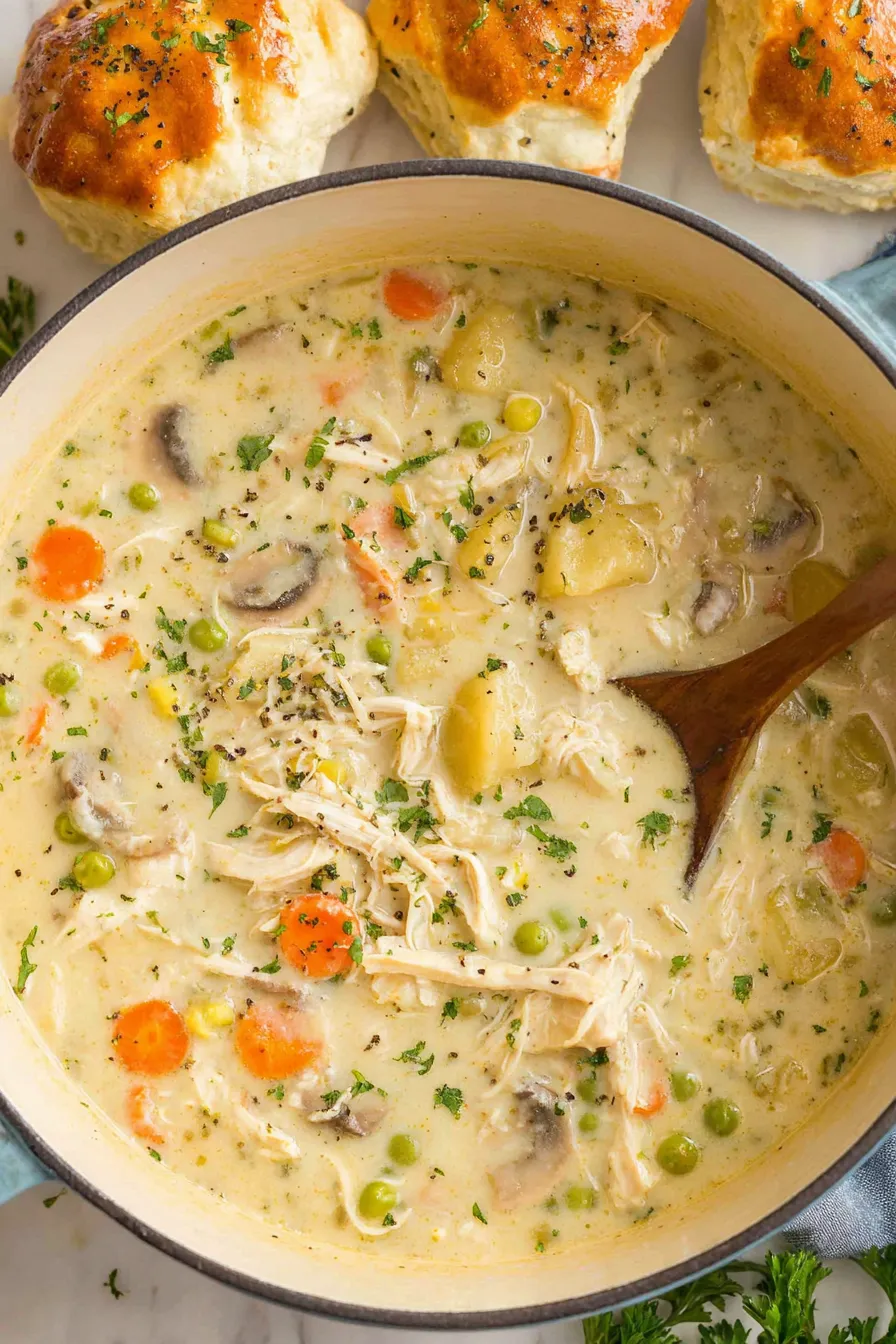 Bowl of chicken pot pie soup in a rustic bowl