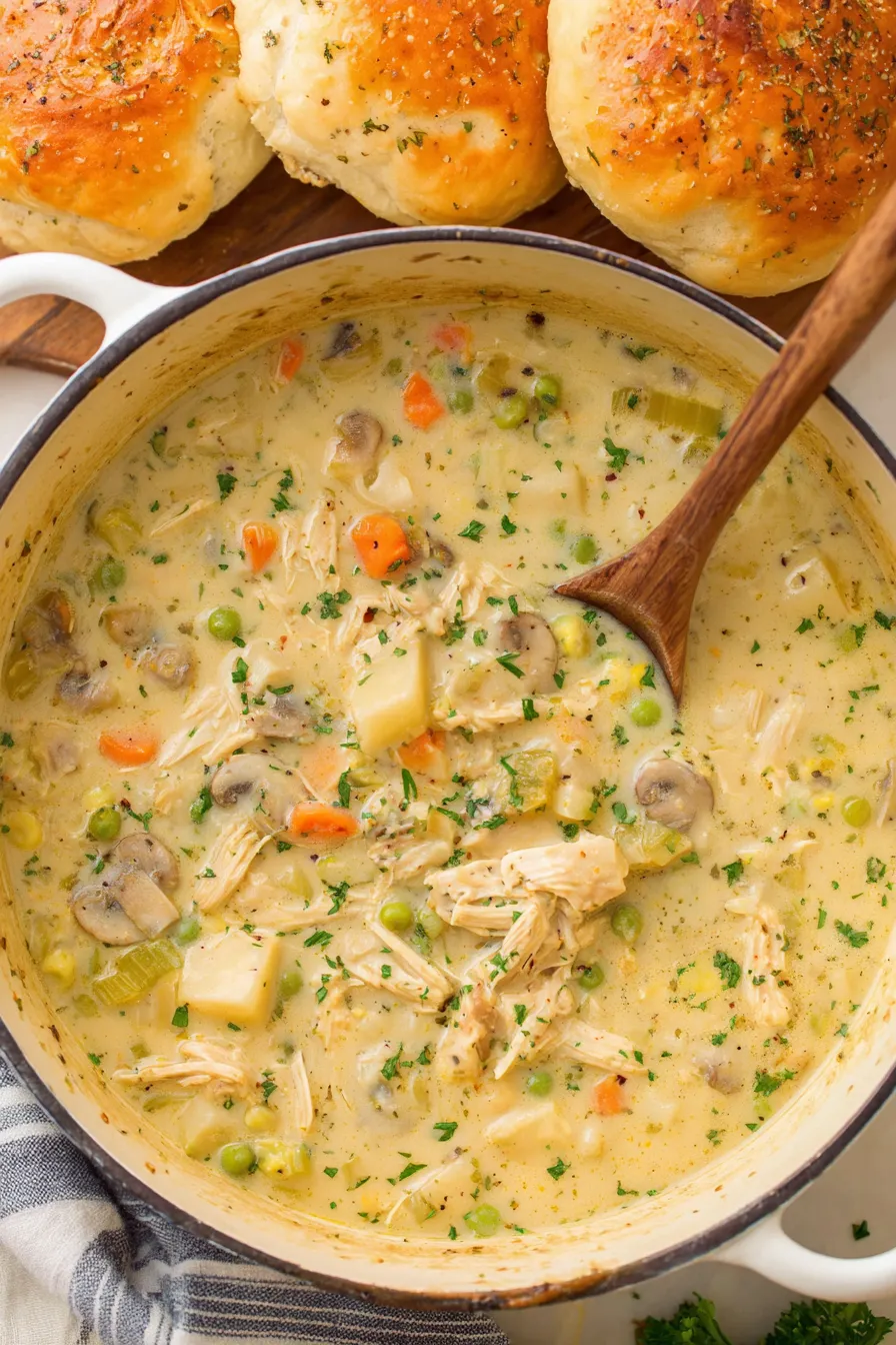 Close-up of cooked vegetables and chicken in pot