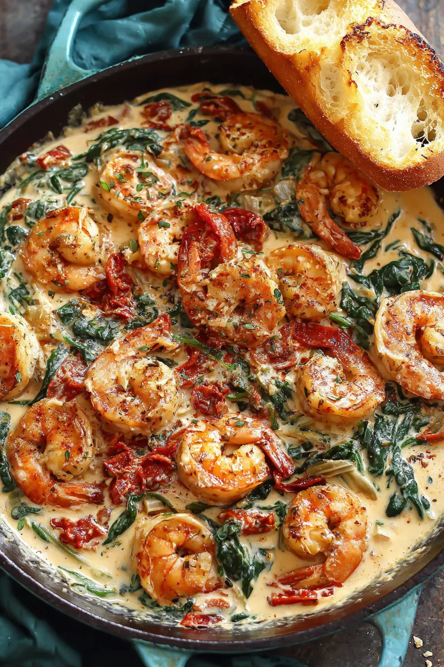 Seared shrimp in creamy Tuscan sauce in a skillet