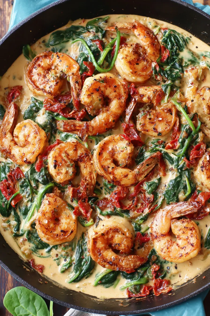 Tuscan shrimp plated with greens and lemon
