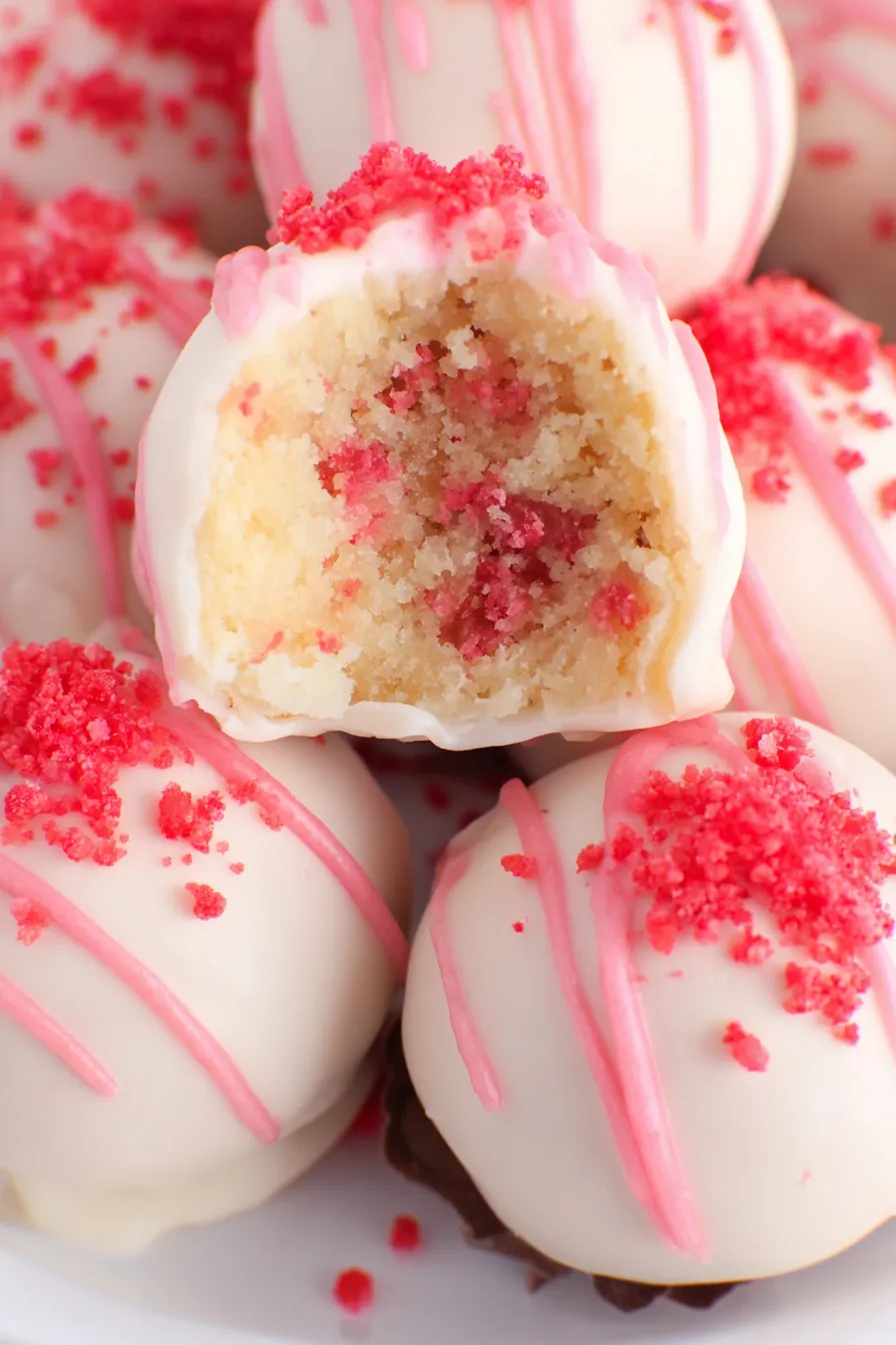 Strawberry shortcake truffles on parchment