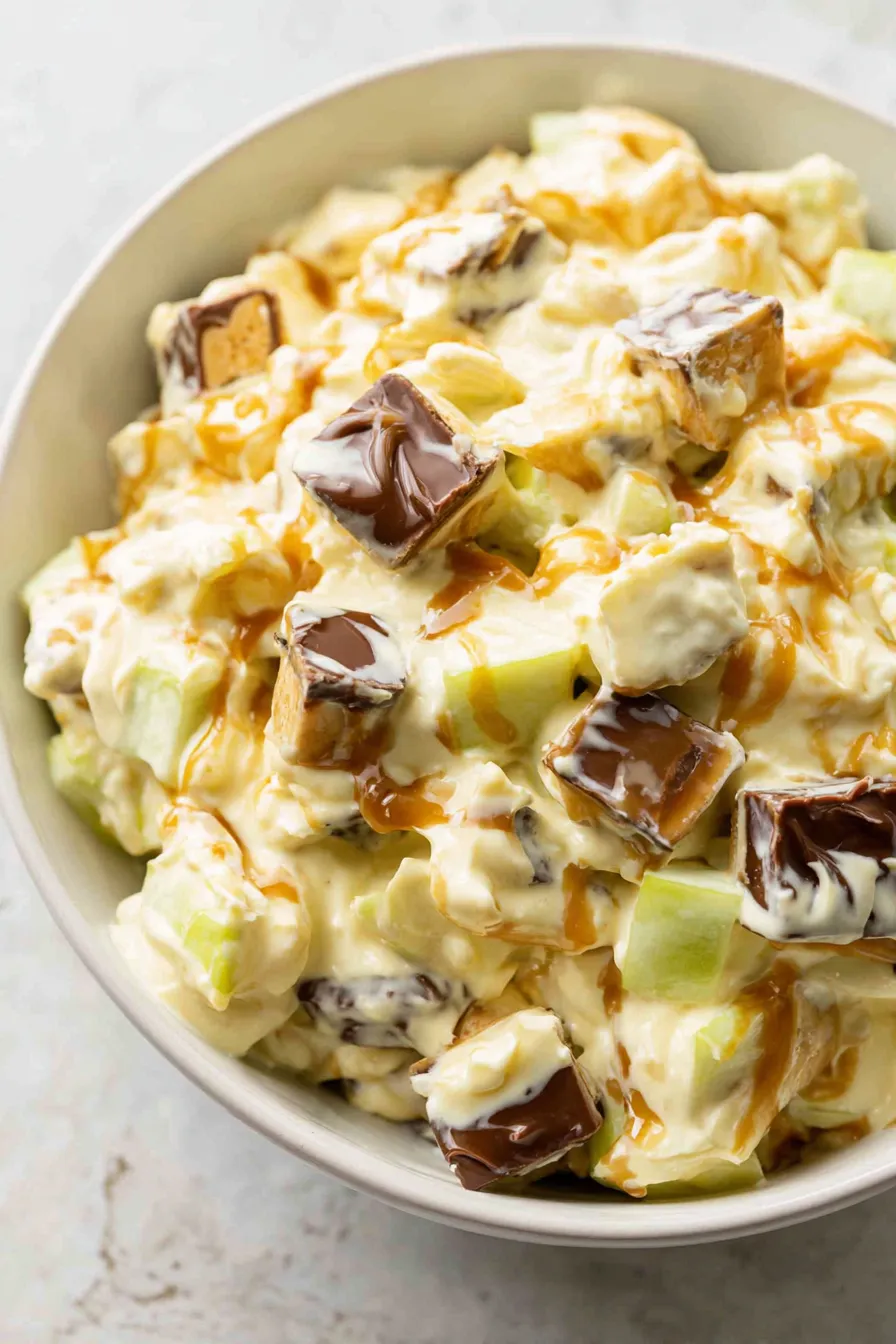 Bowl of Snickers Salad with caramel drizzle