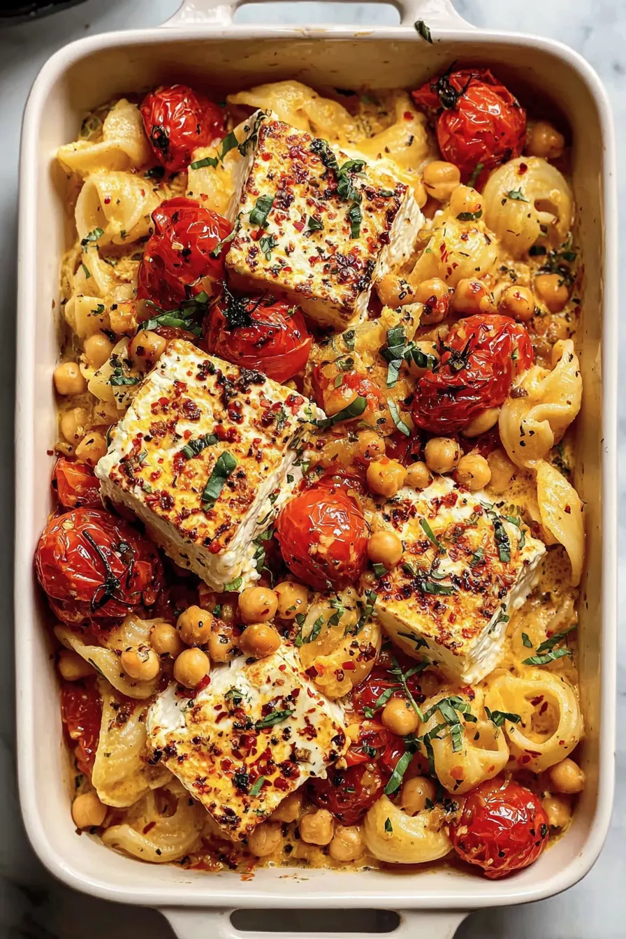 Baked feta block surrounded by blistered cherry tomatoes and chickpeas in a baking dish