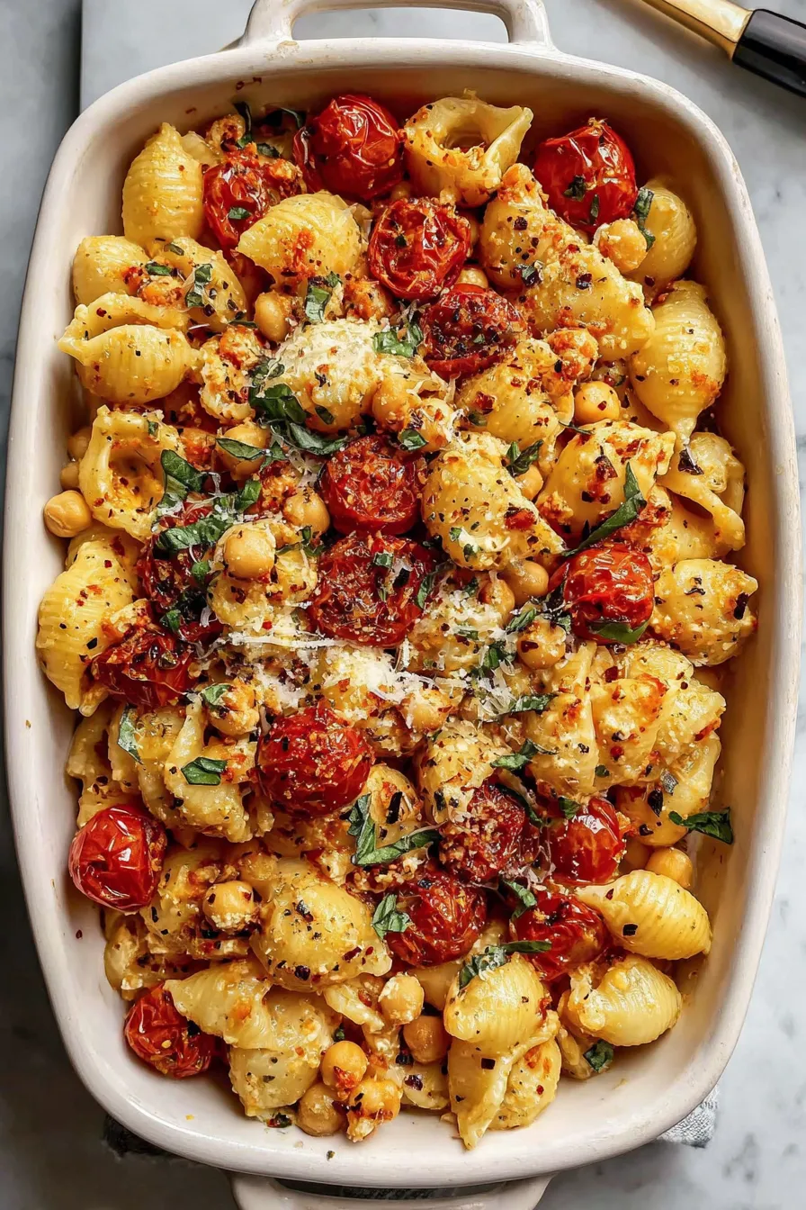 Creamy baked feta pasta with chickpeas plated and garnished with basil