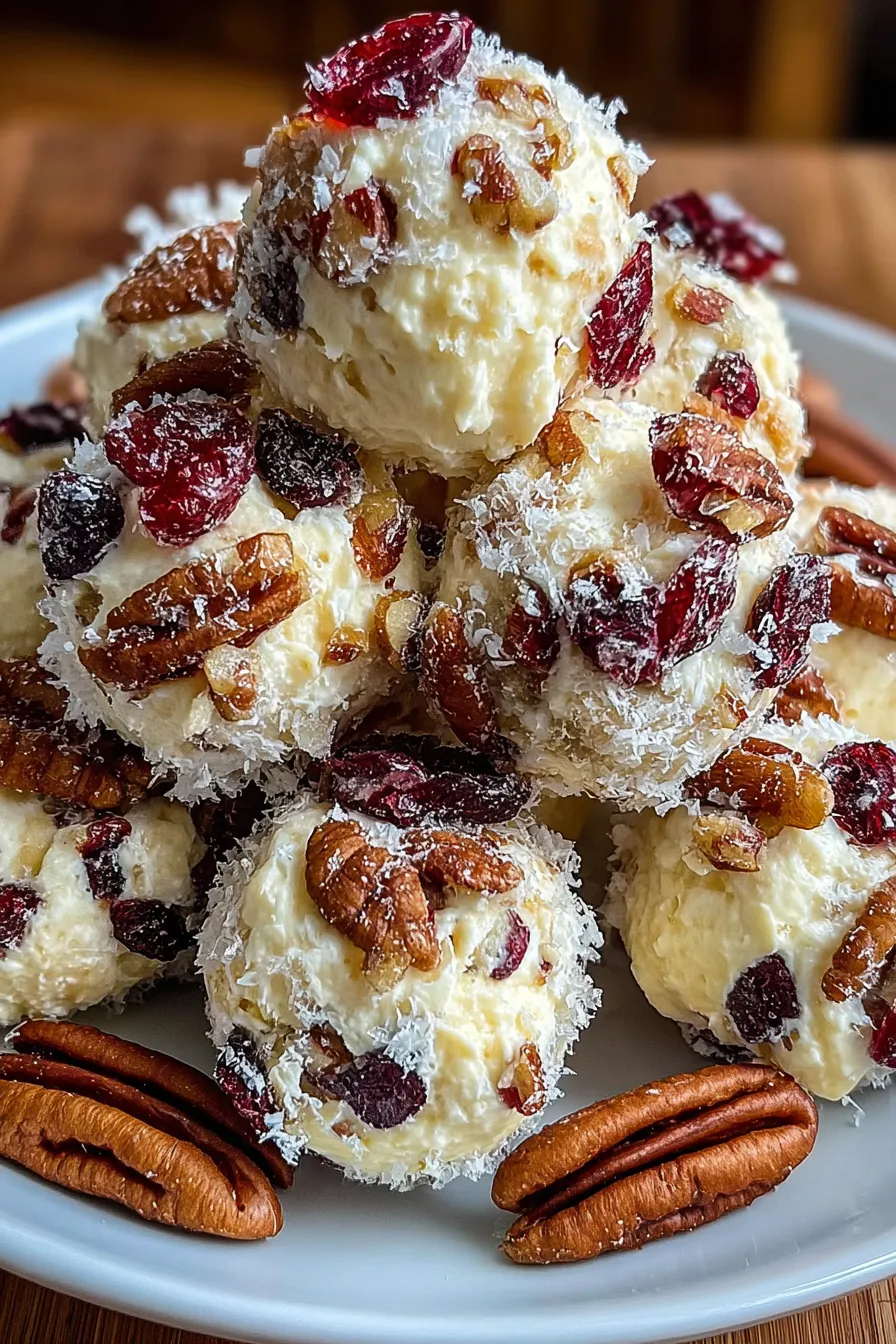 Mini pineapple cranberry cheese balls on a serving platter