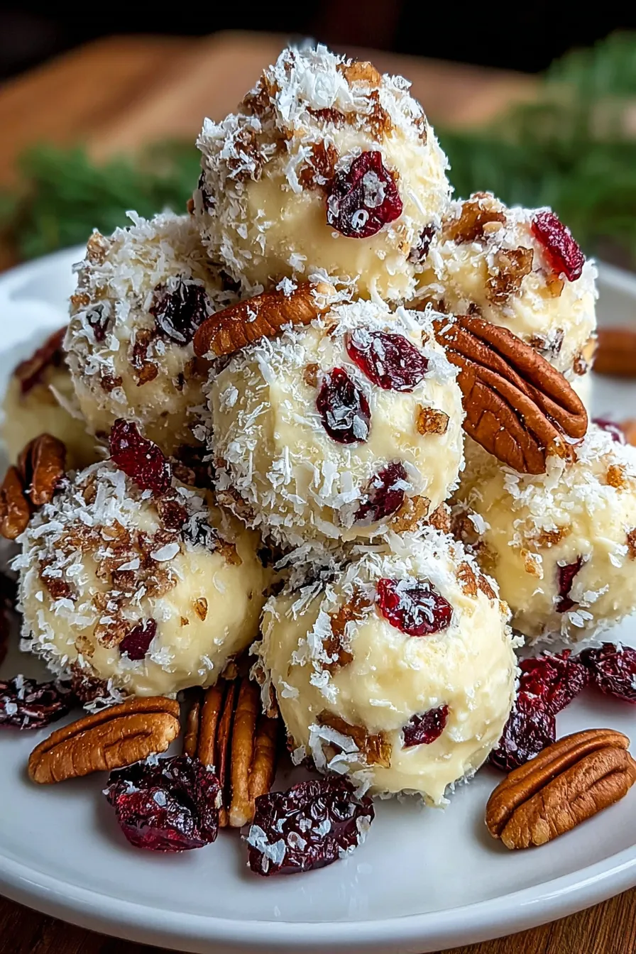 Close-up of a pecan-coated pineapple cranberry cheese ball