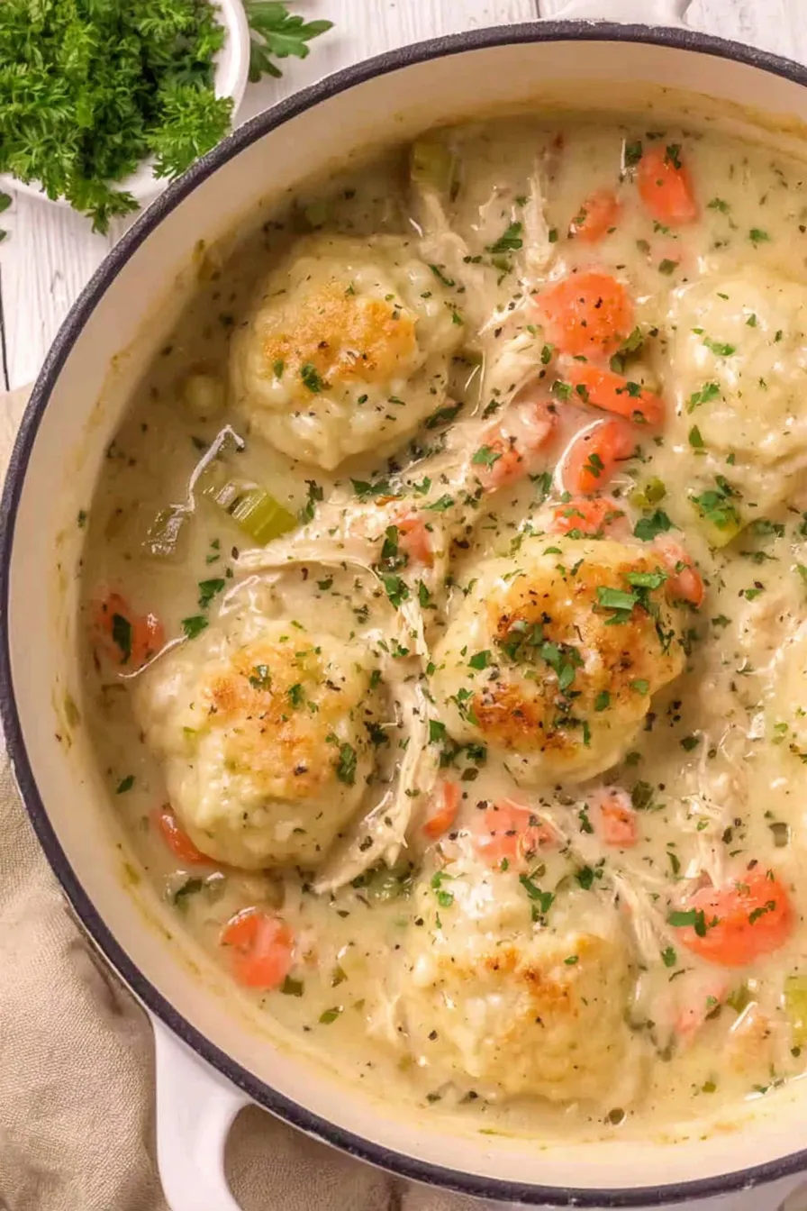 Bowl of chicken and dumplings with parsley