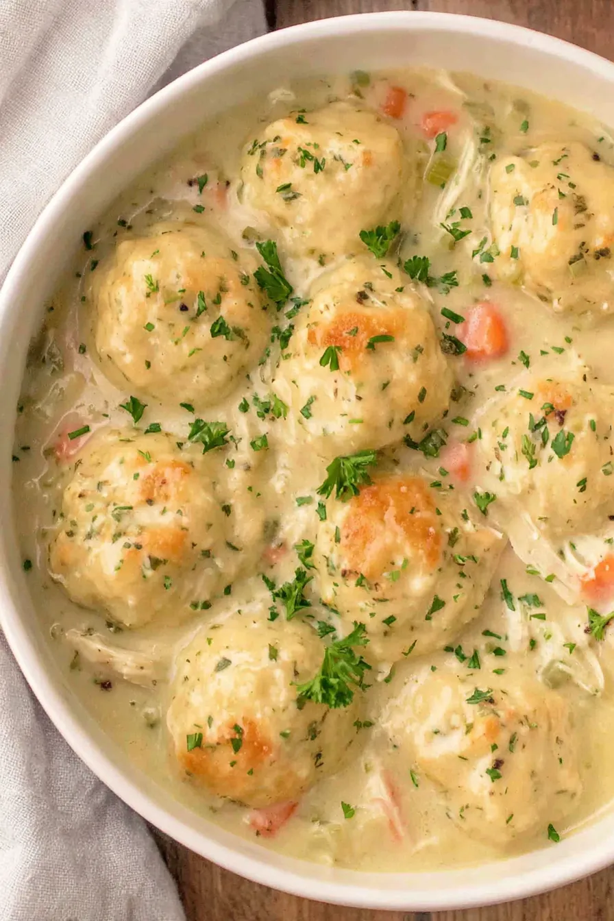 Pot of simmering chicken and dumplings