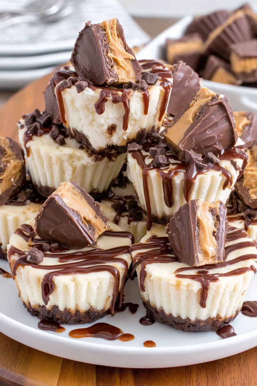 Mini peanut butter cheesecakes in a muffin pan, some topped with mini peanut butter cups