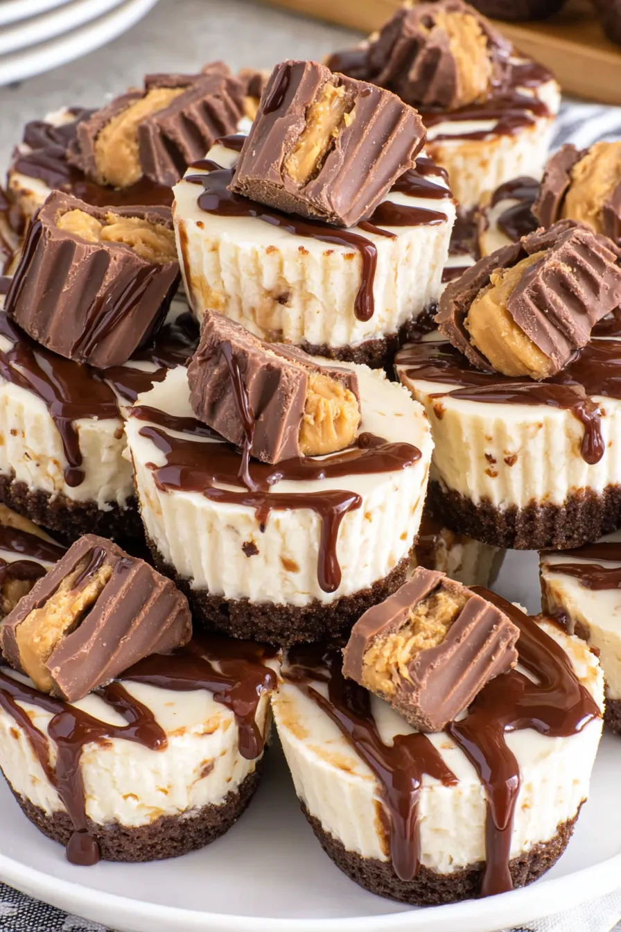 Close-up of a mini peanut butter cheesecake with chocolate drizzle