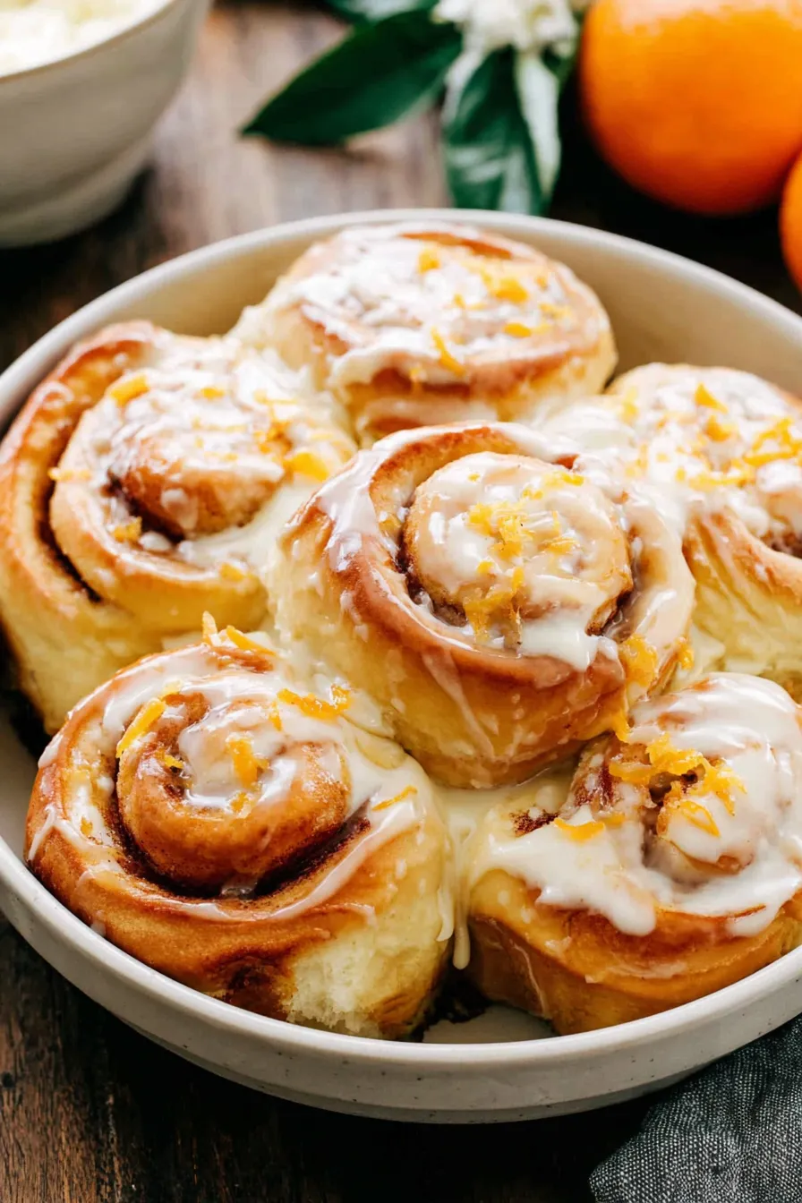 Freshly baked orange rolls in a muffin tin