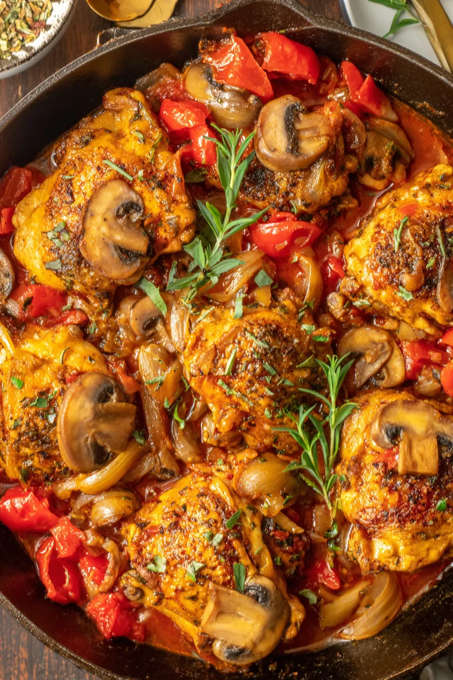 Chicken Cacciatore in skillet with tomato sauce