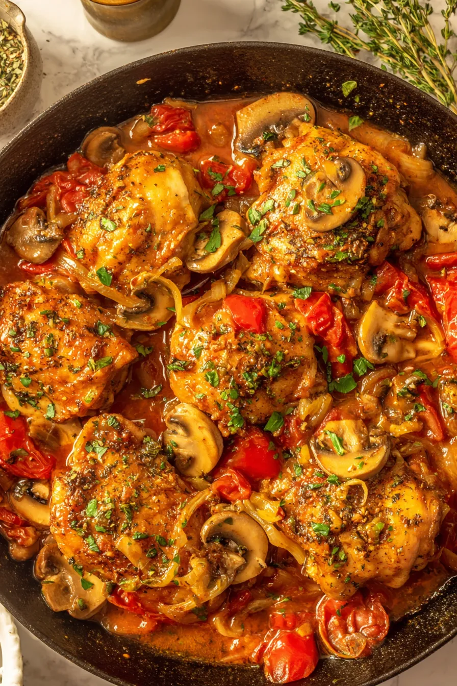 Close up of chicken thigh with tomato and mushroom sauce