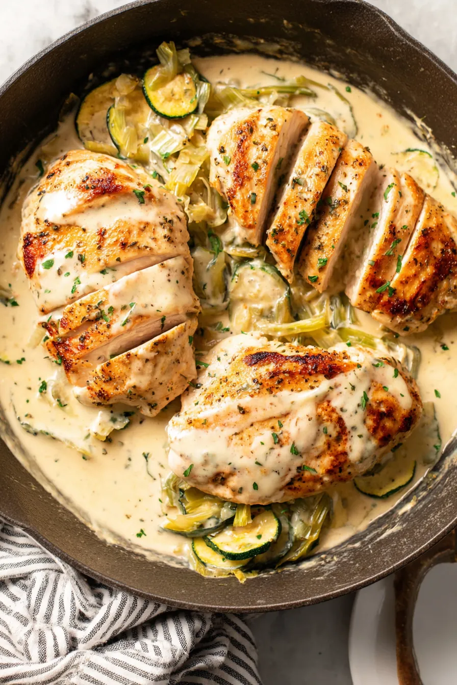 Pan-seared chicken cutlets in a skillet with creamy leek sauce
