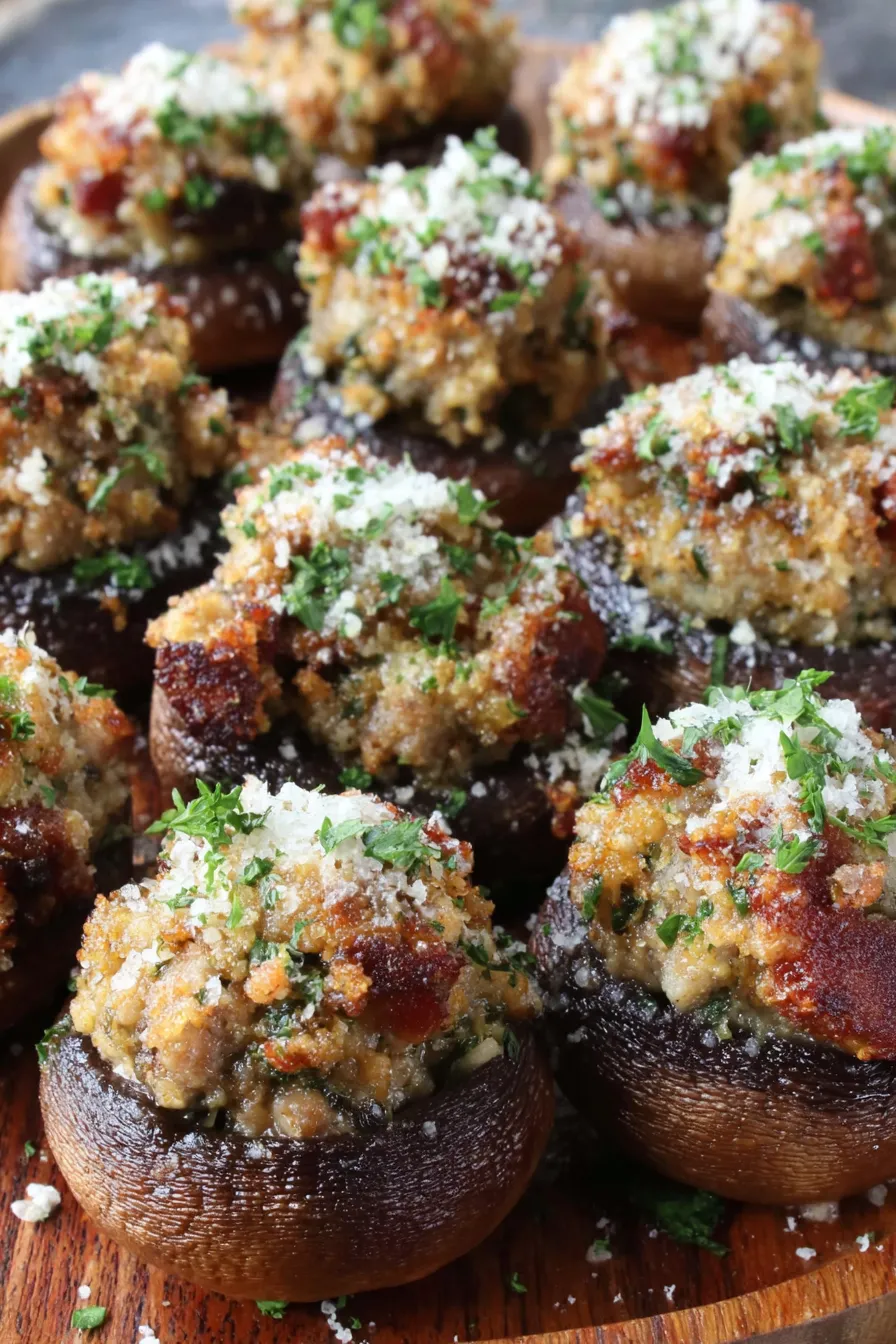 Sausage stuffed mushrooms on a baking sheet