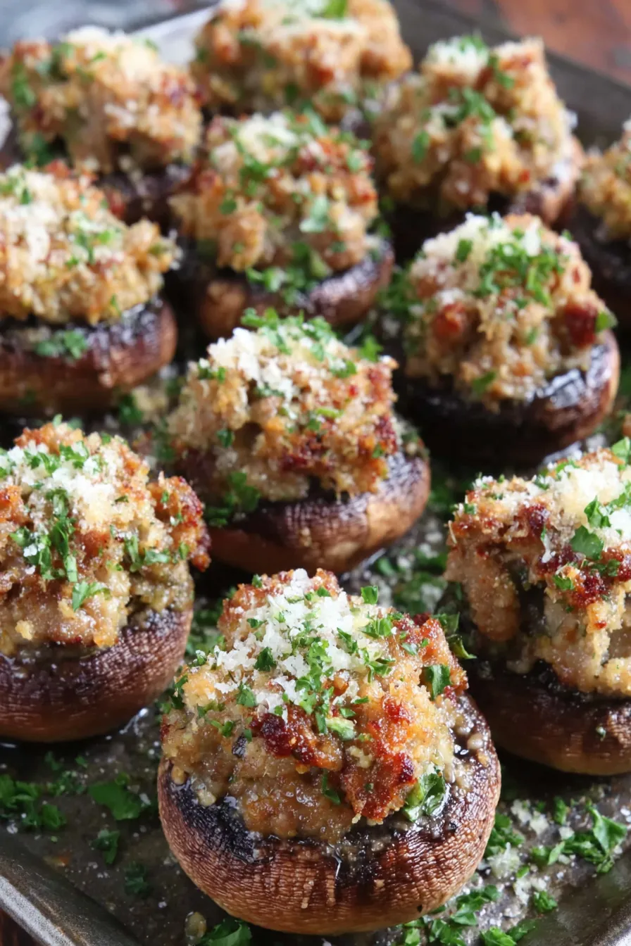 Close-up of a stuffed mushroom with golden topping