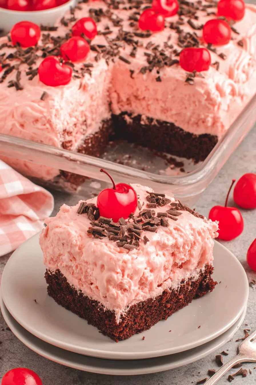 Close up of cherry and chocolate shavings on cake