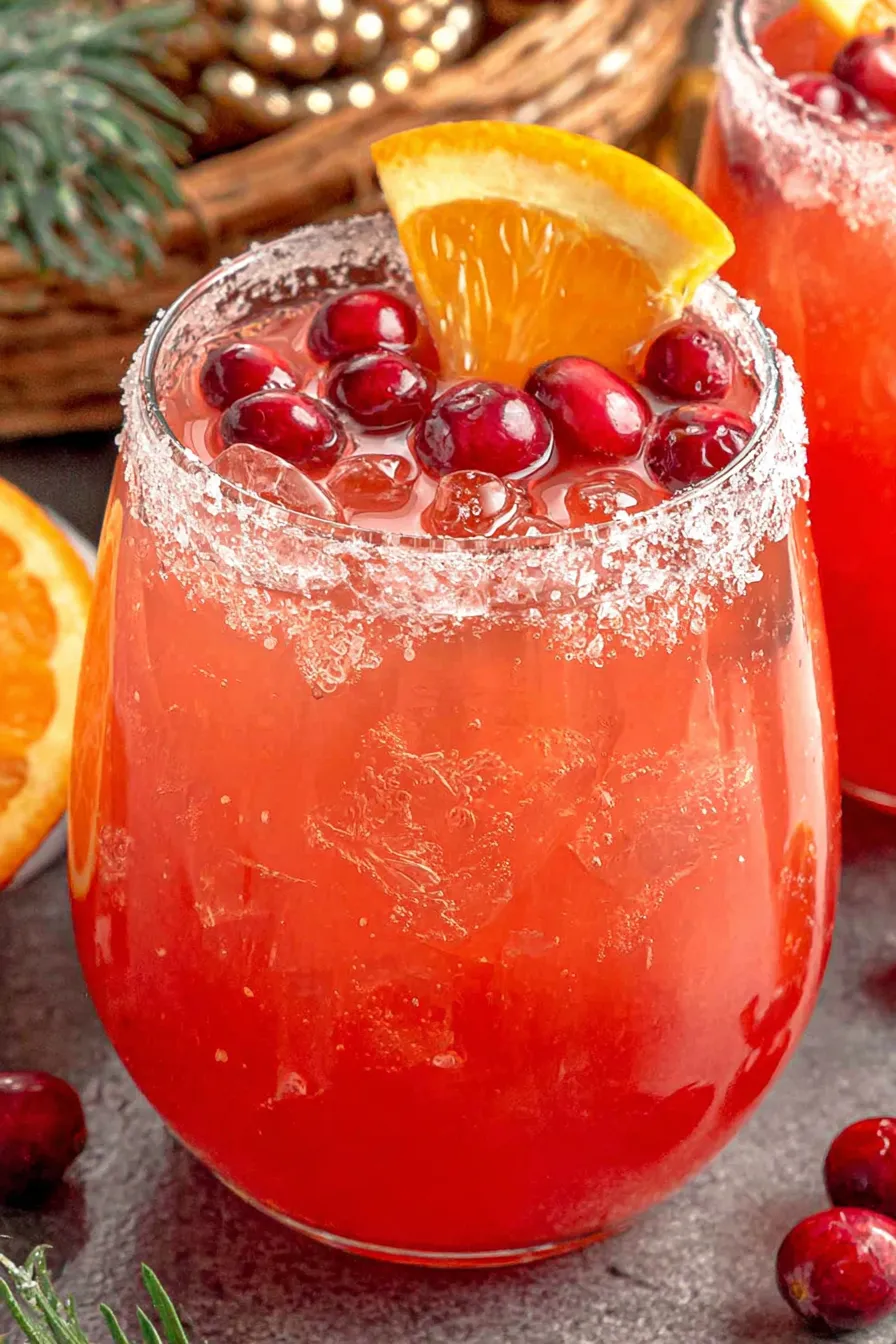 Punch bowl of Cranberry Christmas Cocktail with orange slices