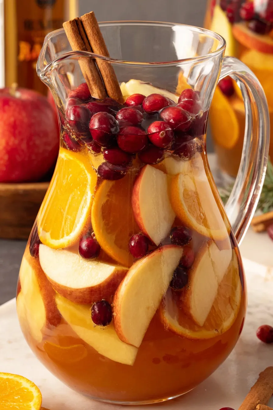 Sangria with Fireball pitcher showing fruit and cinnamon sticks