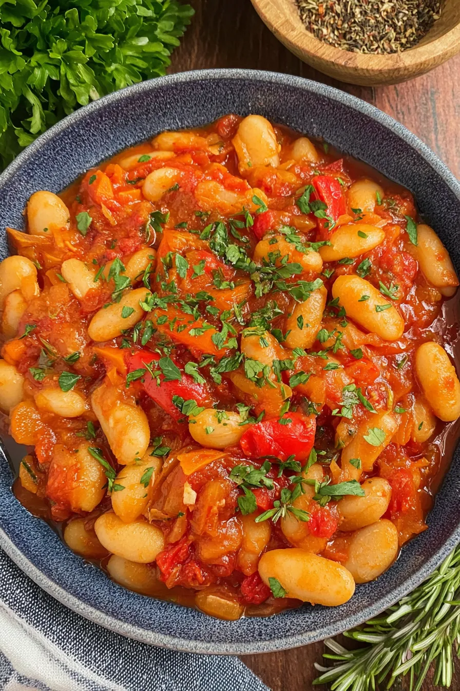 Two bowls of butter bean stew with parsley garnish