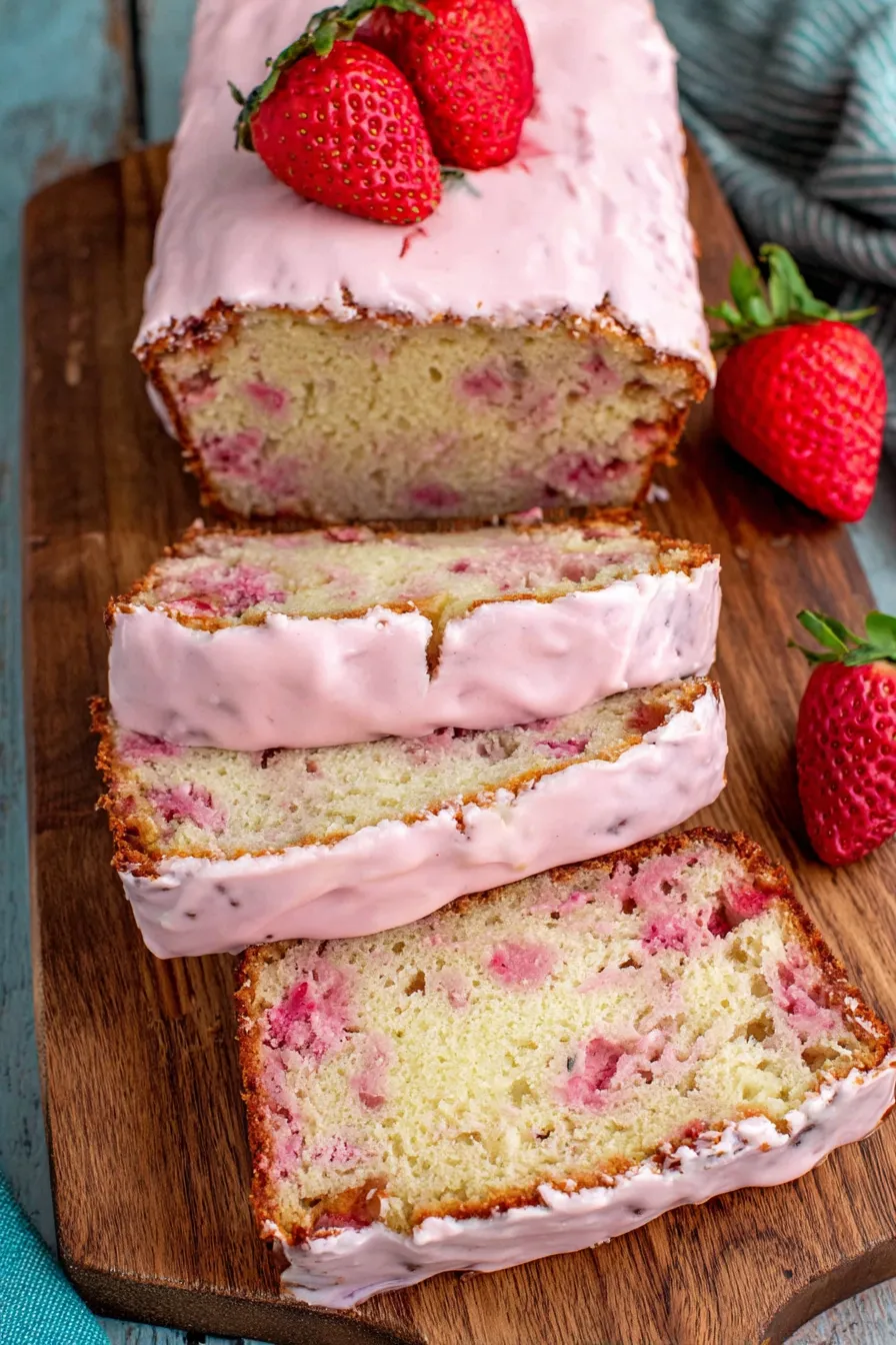 Slice of strawberry banana bread on a plate with glaze