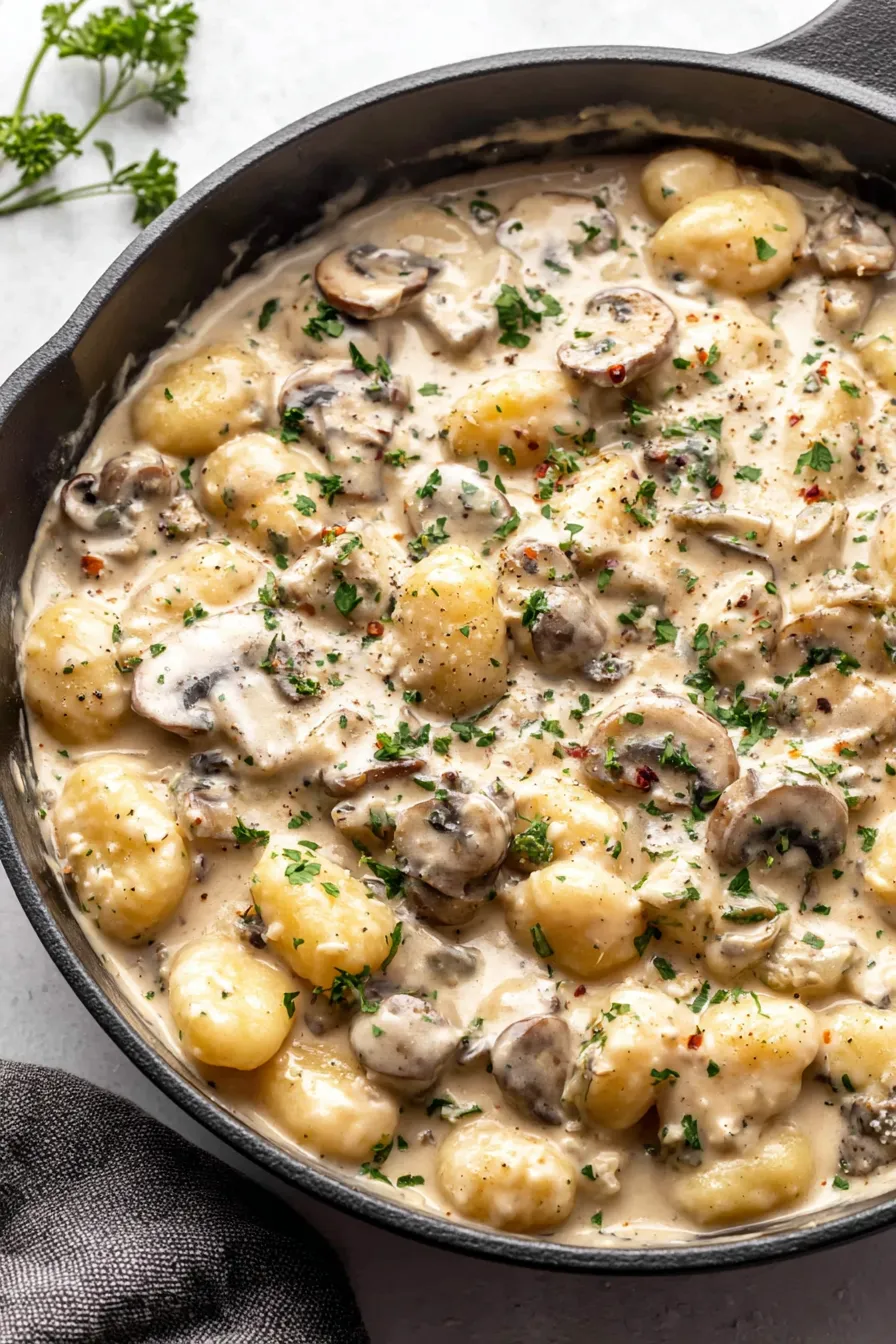 Creamy Boursin gnocchi in skillet with mushrooms