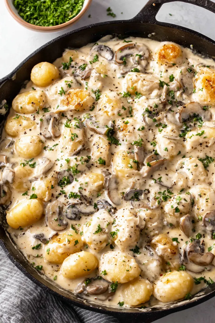  plated creamy gnocchi with parsley garnish