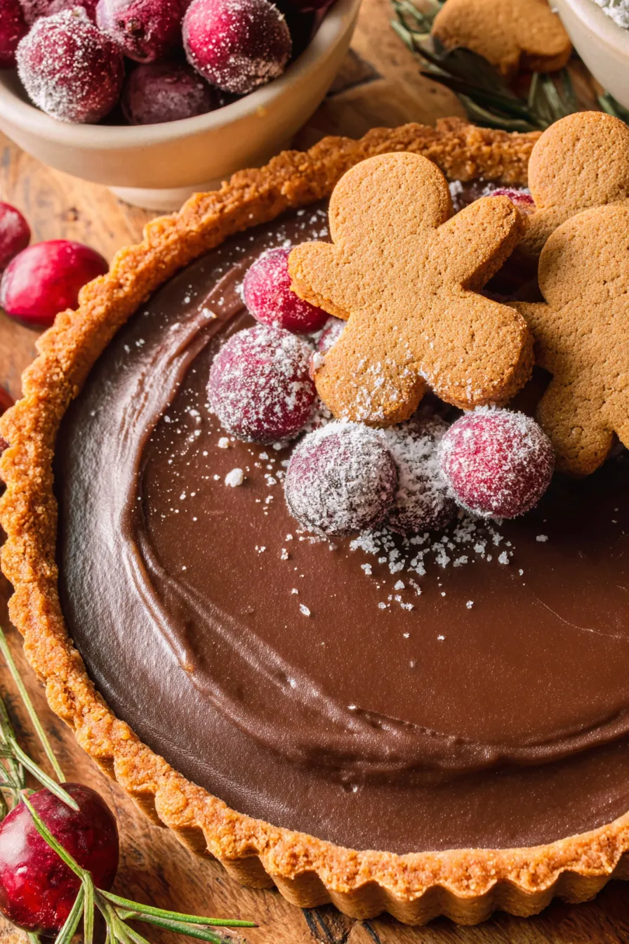 Gingerbread cookie chocolate tart with sugared cranberries