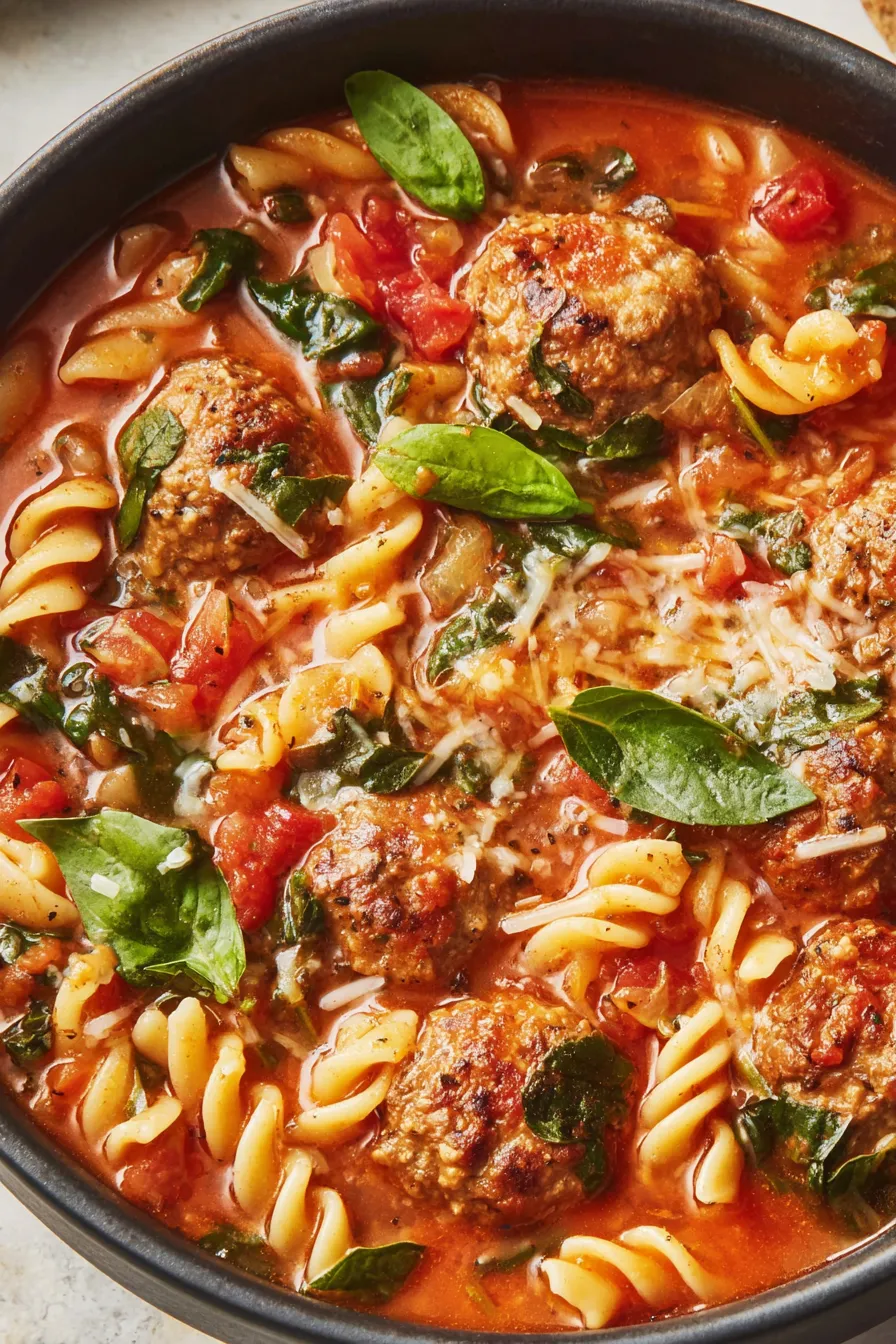 Bowl of Italian meatball soup with basil and grated parmesan