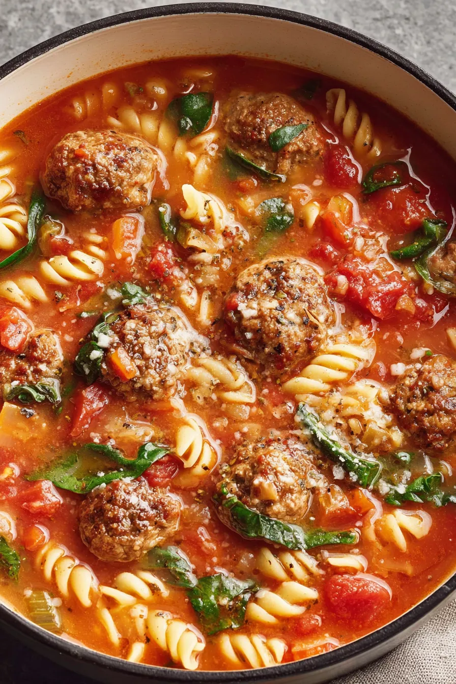 Close-up of meatballs simmering in tomato broth
