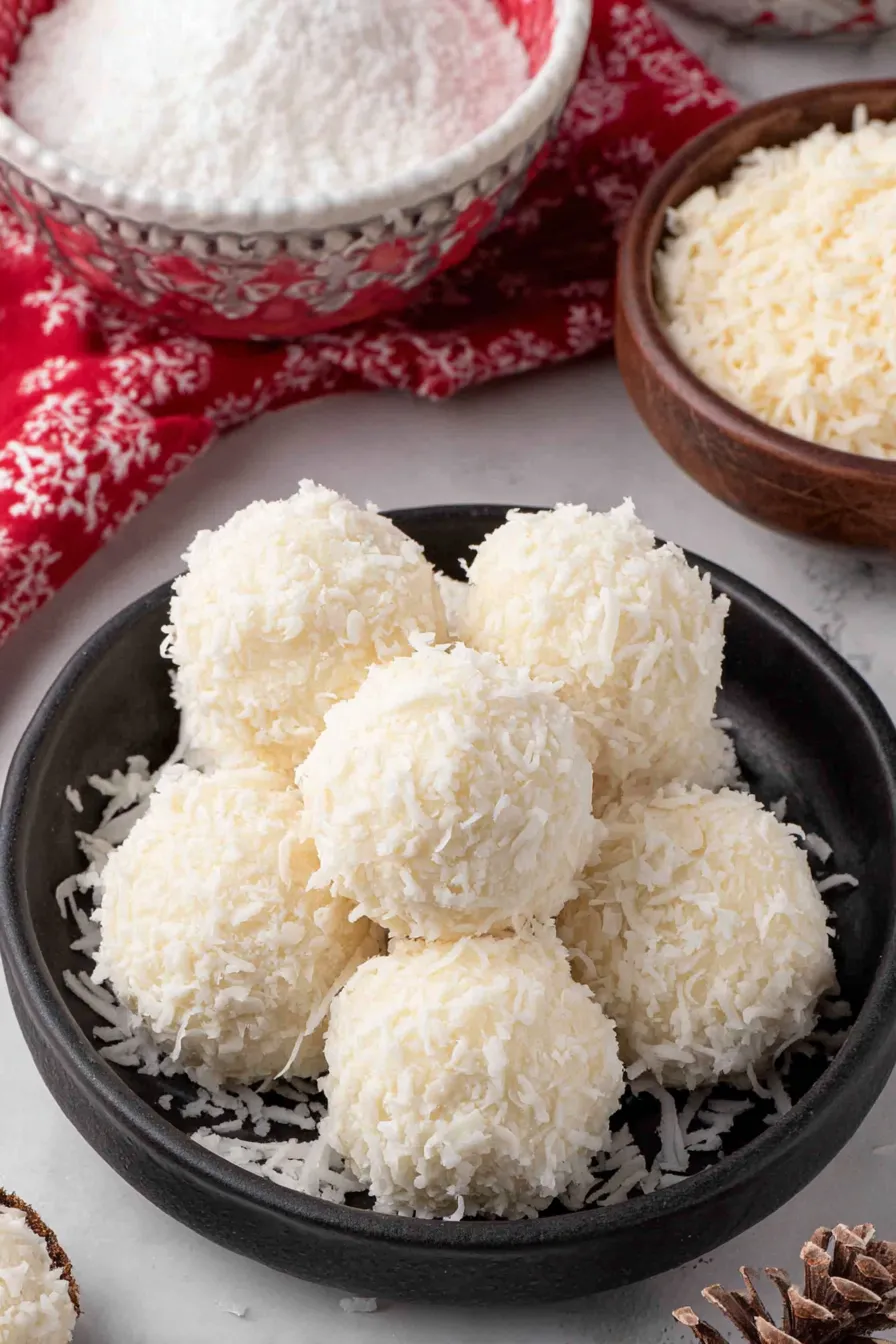 Coconut Snowballs coated and ready on tray