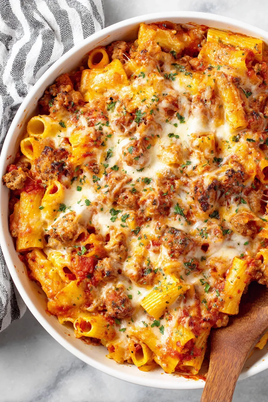 Close up of rigatoni with melted cheese