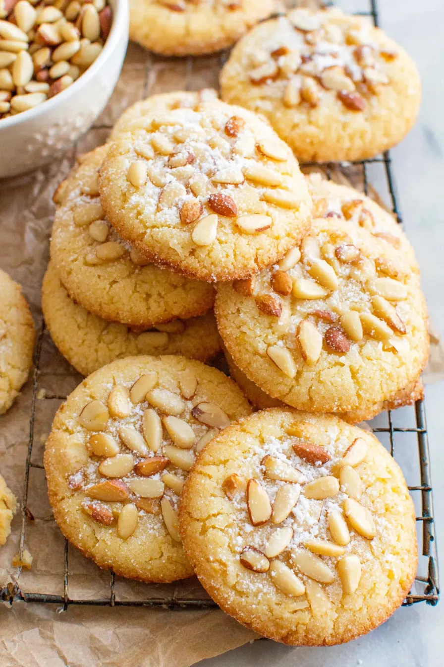 Close-up of a Pignoli cookie showing pine nut texture