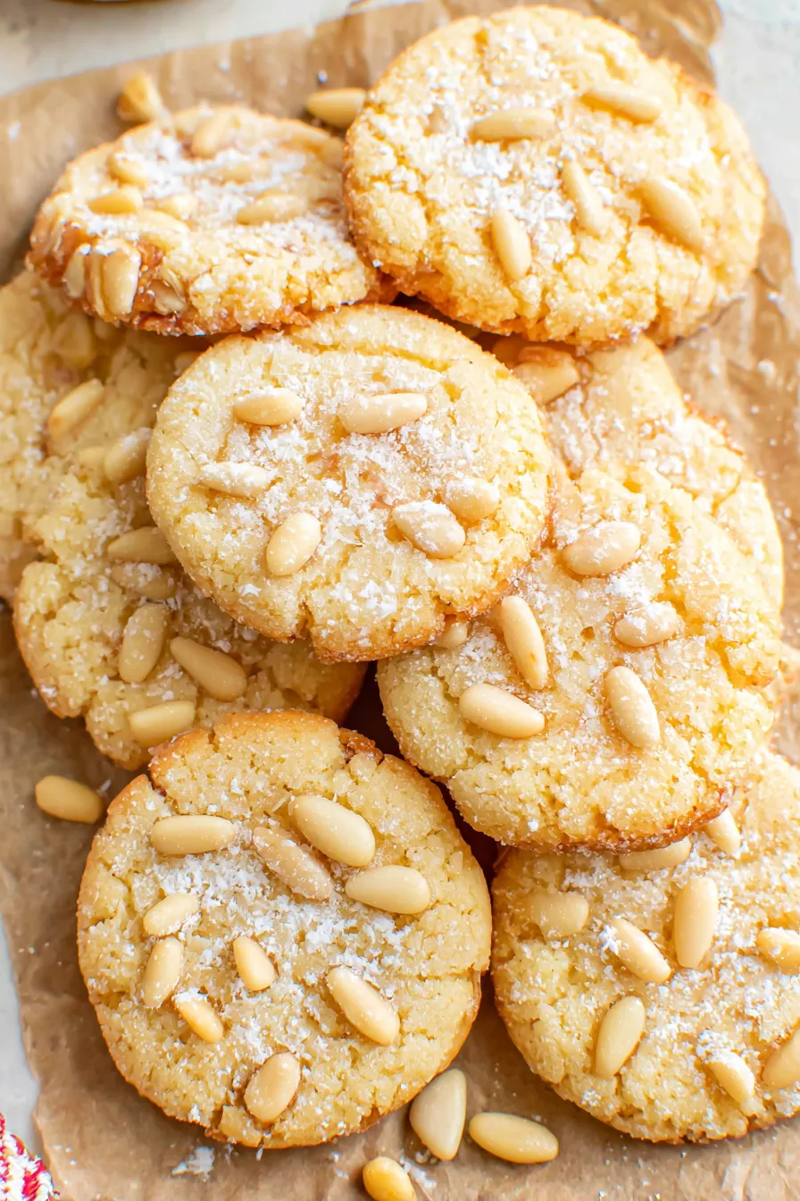 Pignoli Cookies on parchment with pine nuts