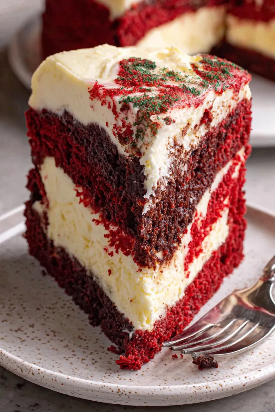 Slice of red velvet cheesecake cake plated