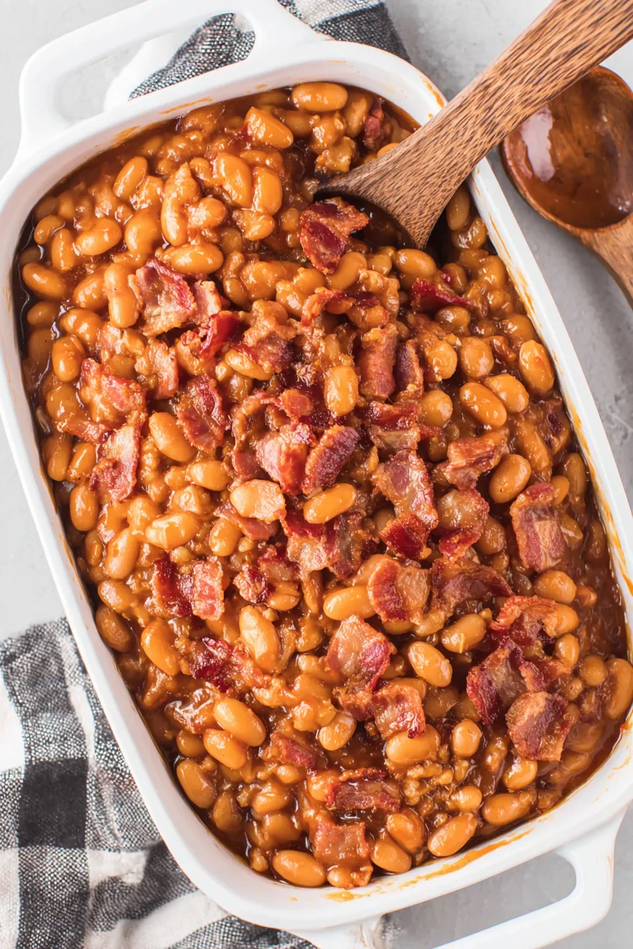 Baked beans in a baking dish with bacon stirred in