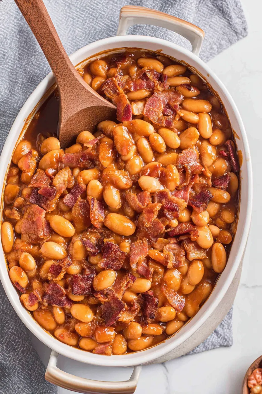 Close-up of a spoonful of baked beans with bacon