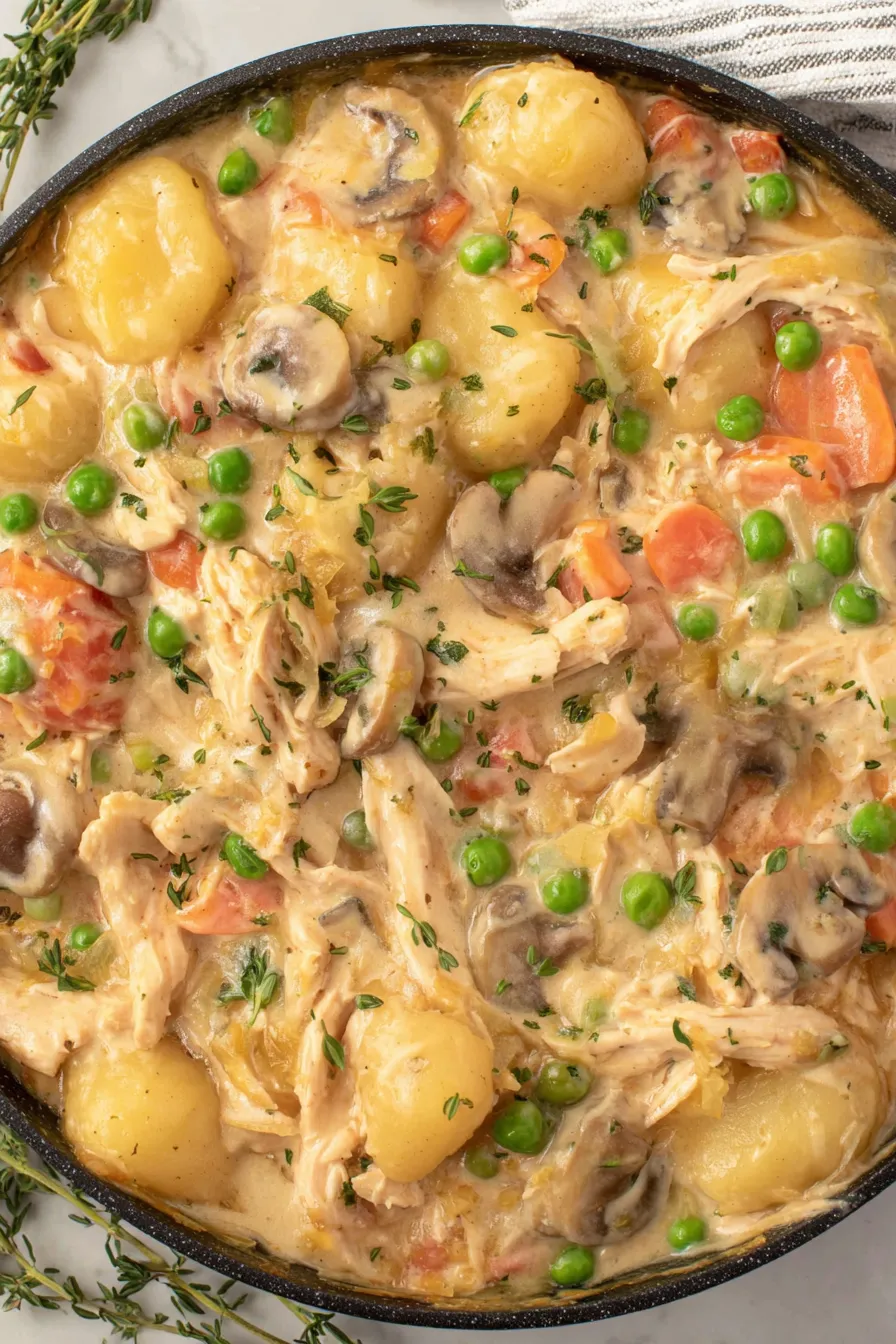 Close up of gnocchi and chicken in creamy herb sauce