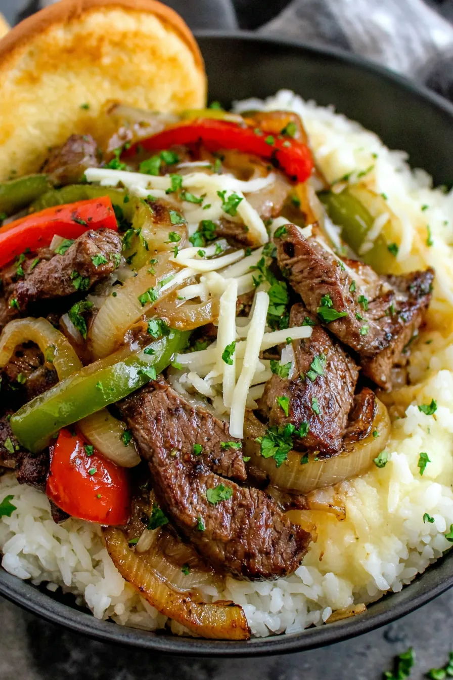 Seared steak and sautéed peppers piled over rice in a bowl
