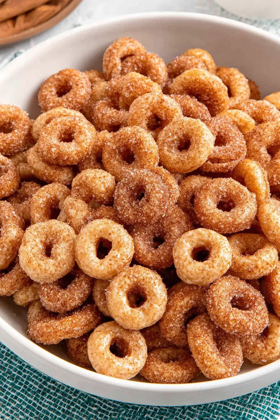 Buttered Cheerios in skillet with cinnamon sugar