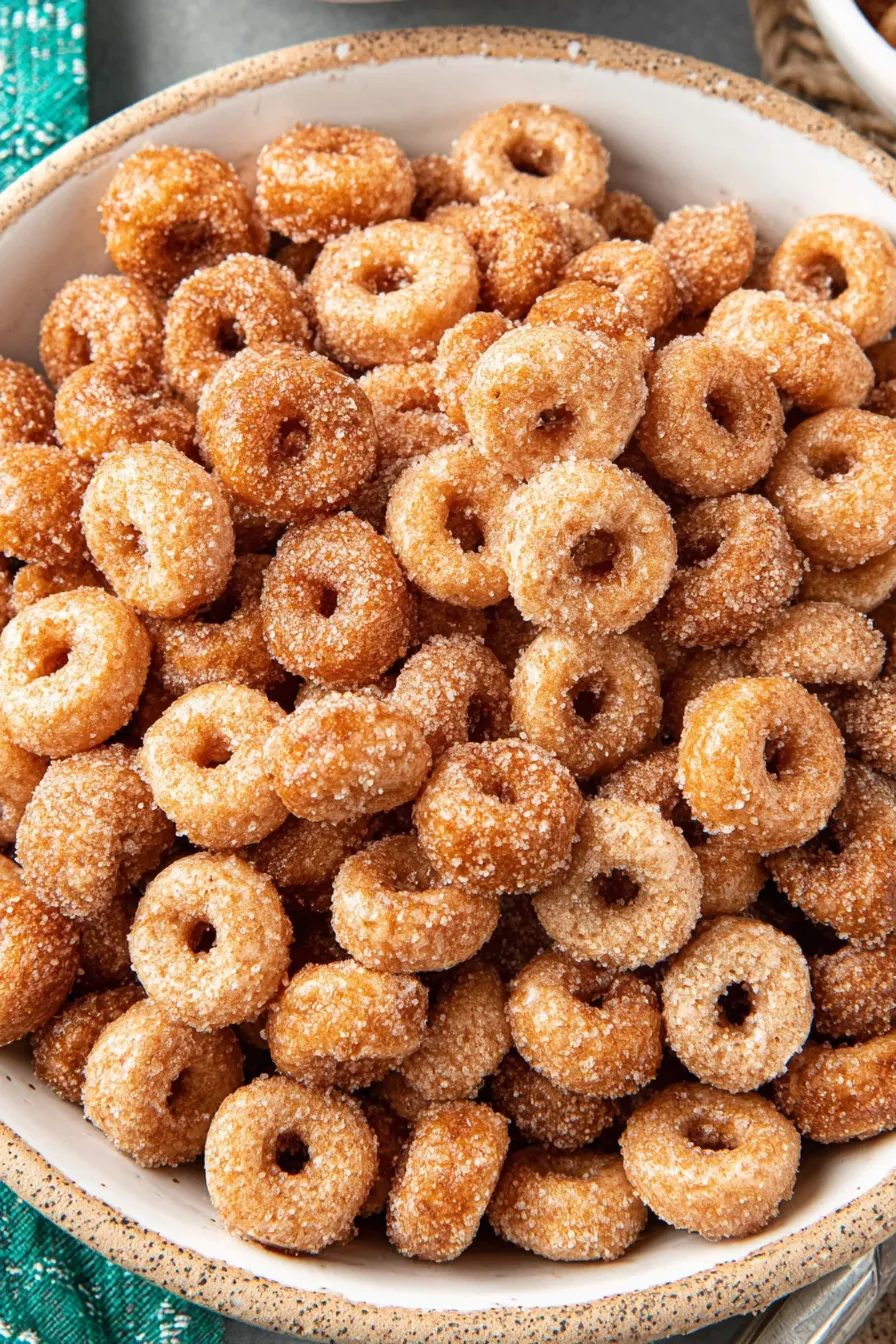 Coated Cheerios spread on parchment to cool