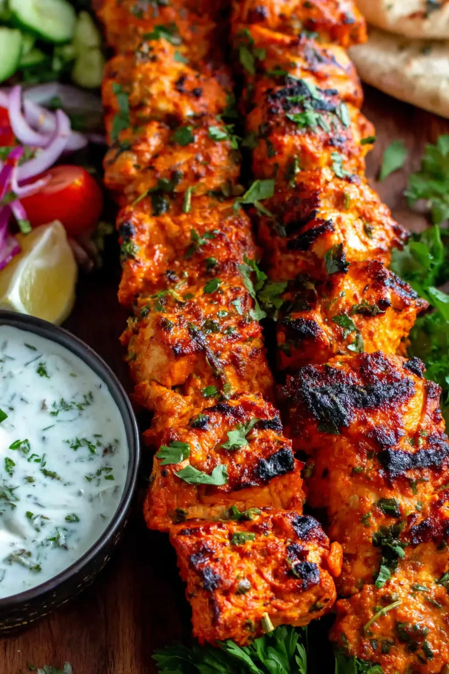 Marinated chicken tikka kebabs on skewers