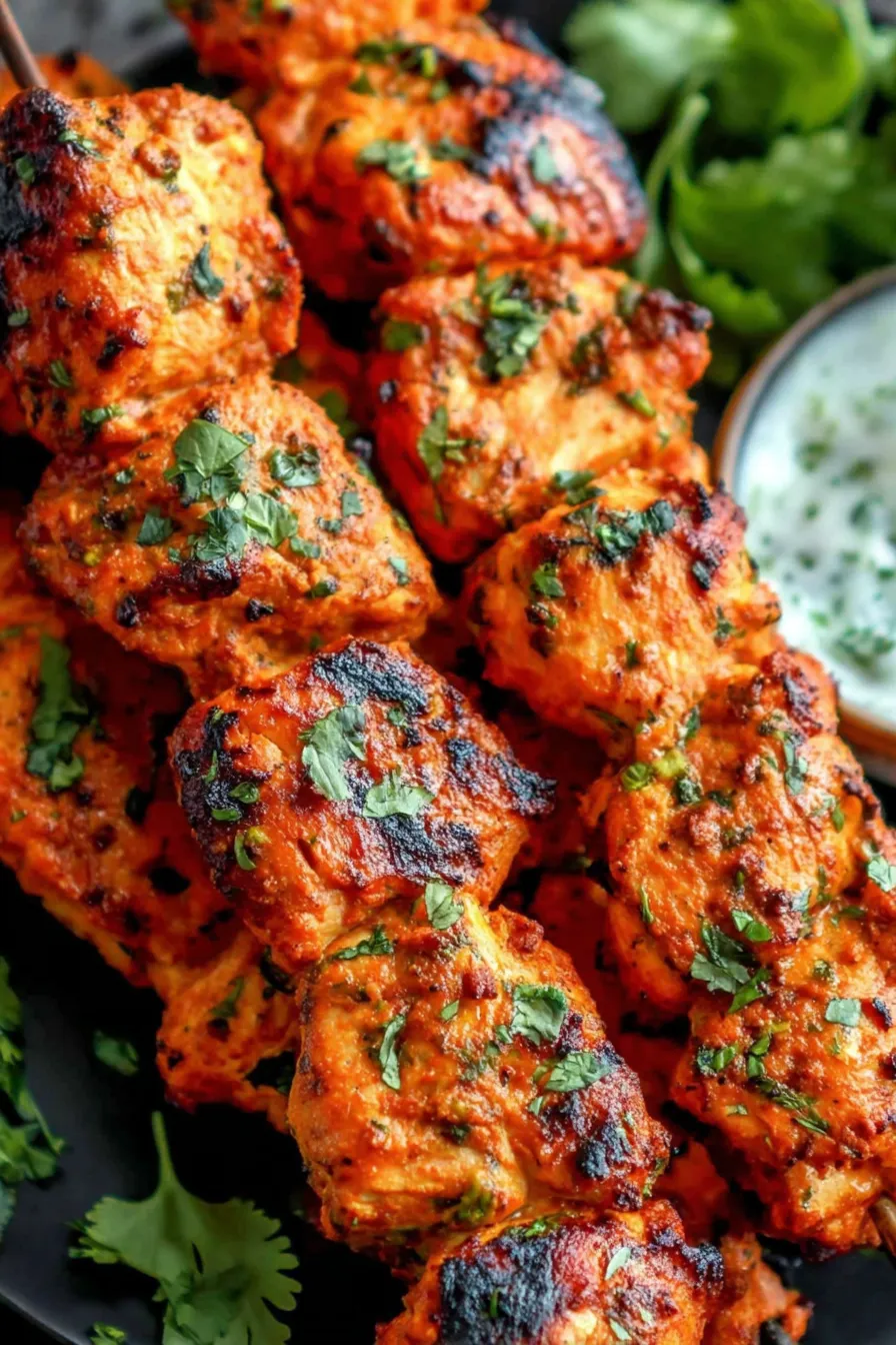 Cooked chicken tikka kebabs on a serving platter with coriander