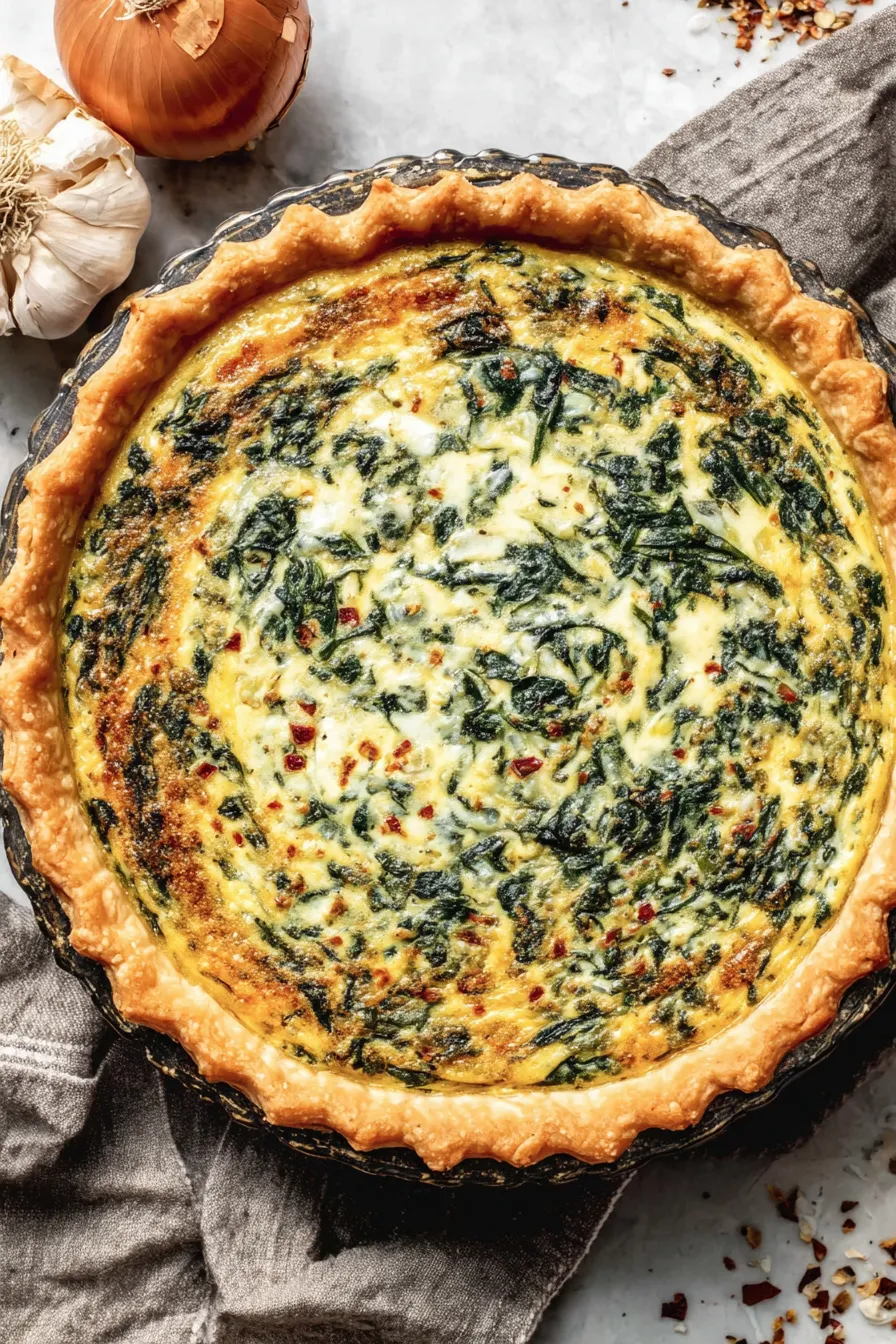 Spinach quiche fresh from oven