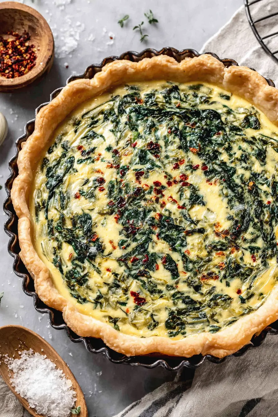 Sliced spinach quiche served with salad
