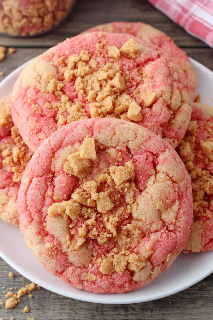 Close-up of a Strawberry Crunch Cookie showing the crunchy coating