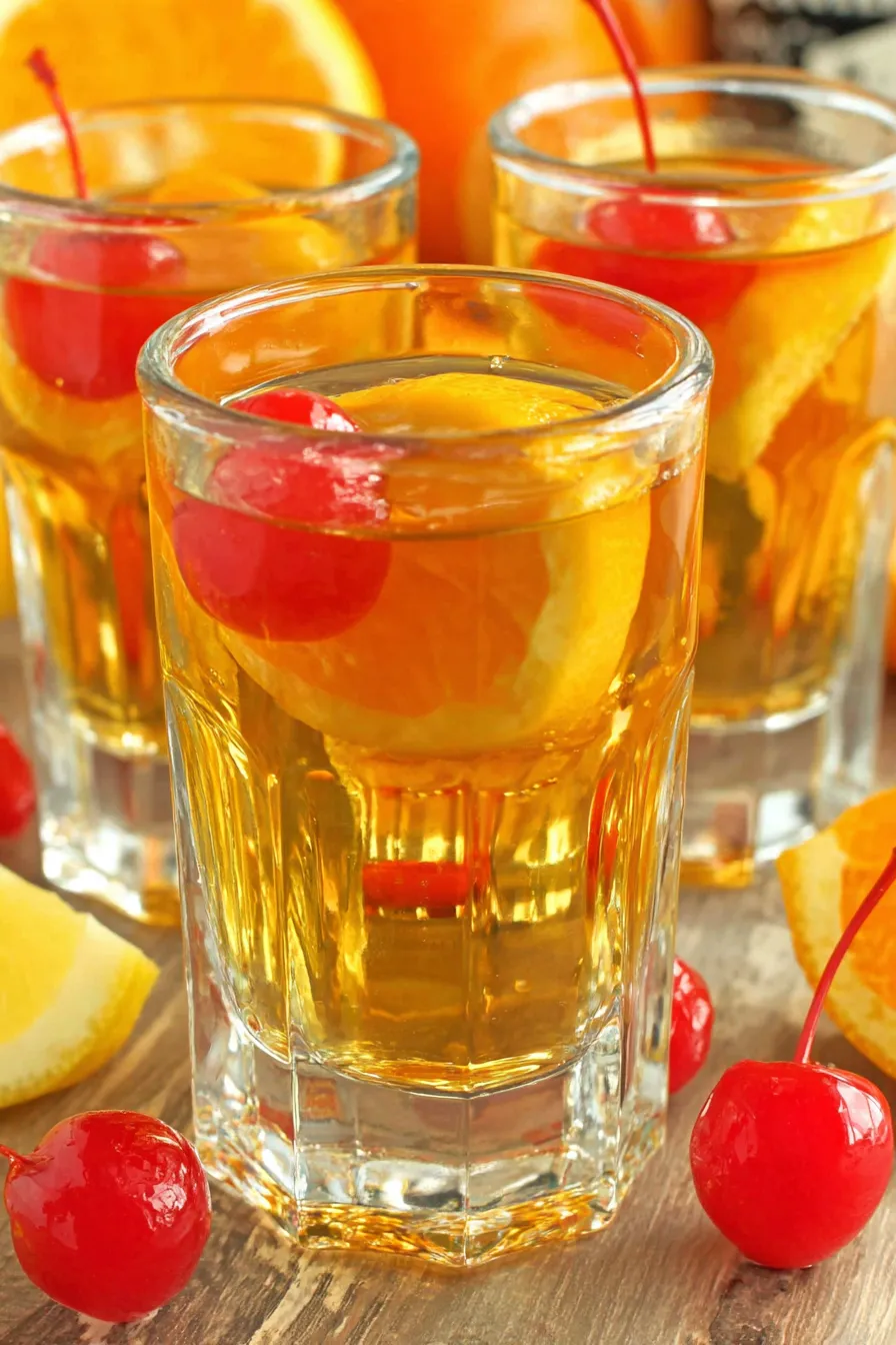 Three shot glasses filled with amber whiskey on a wooden surface