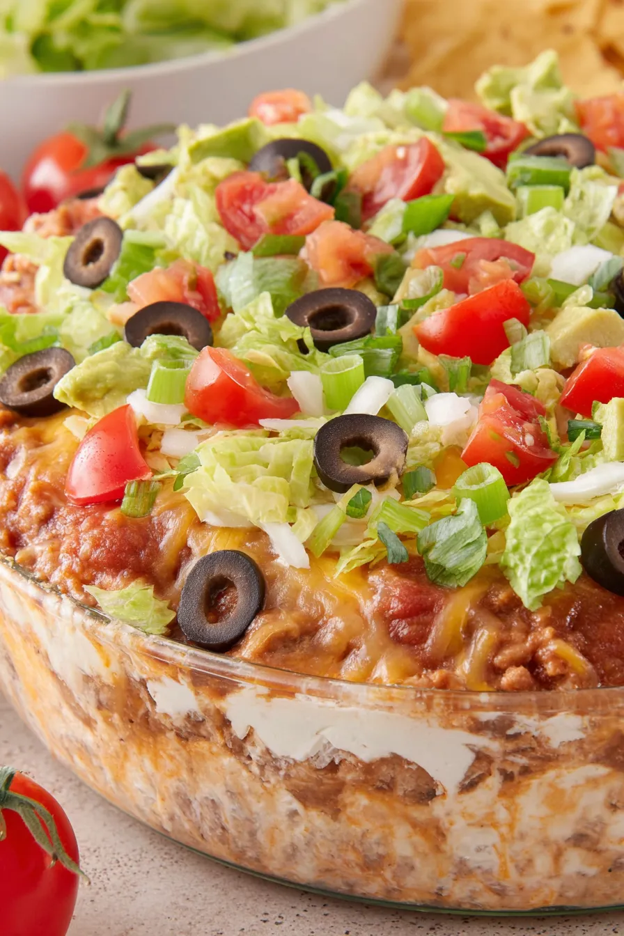 Seven layer dip assembled in a glass dish