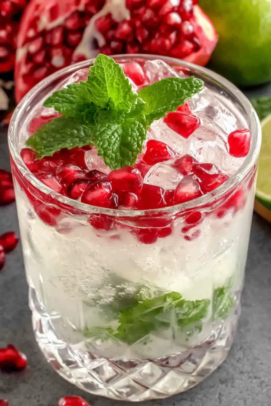 Creamy White Christmas Mojito in a tall glass with mint and pomegranate